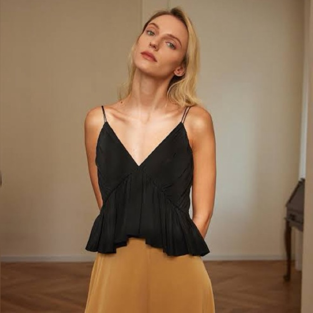 Black V-Neck Pleated Spaghetti-Strap Tank Top